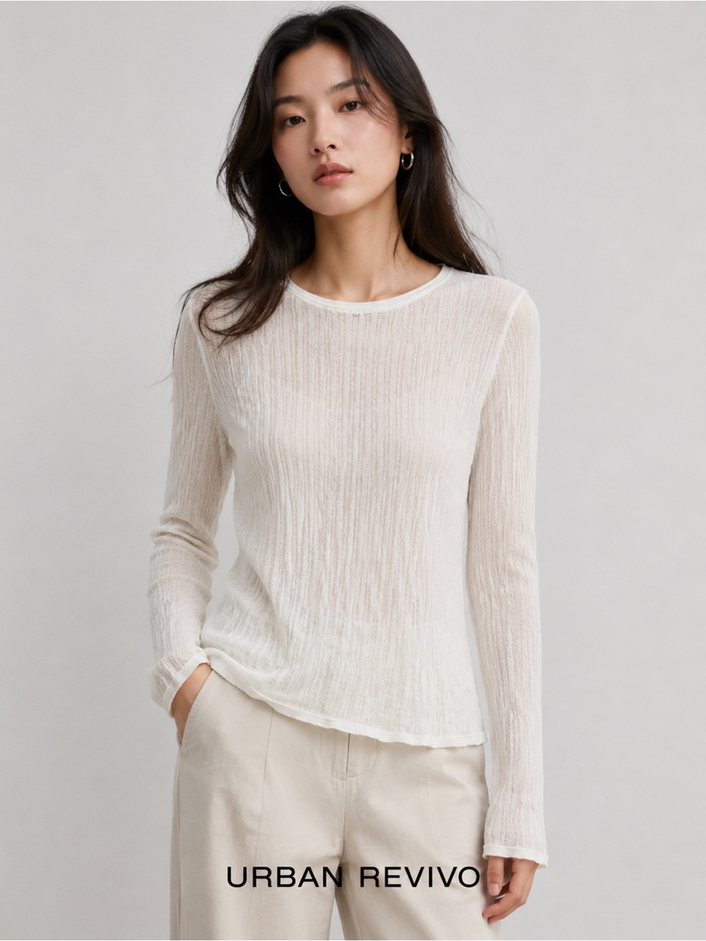 Urban Revivo mesh Cream Long-Sleeve Top NWOT